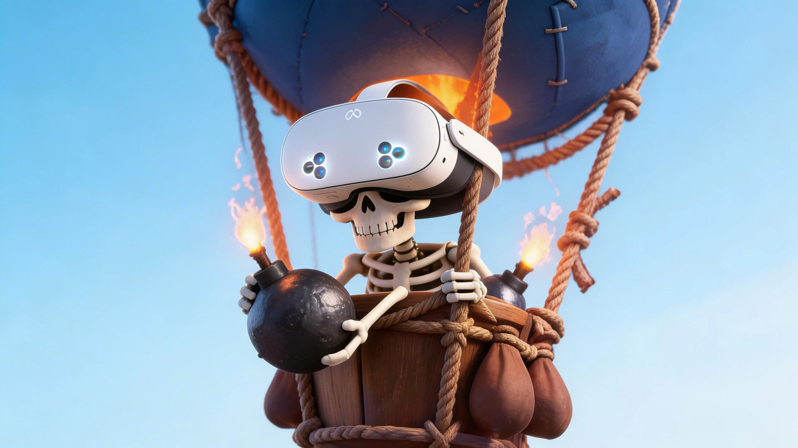 Clash XR — a skeleton pirate riding a hot air balloon with VR headset